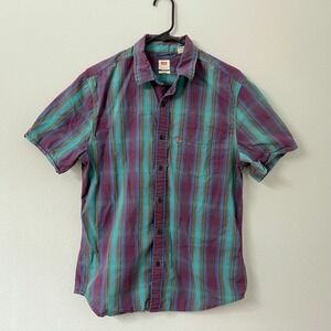 Levis Mens M Purple Teal Plaid Short Sleeve Button Up Shirt Standard Fit Cotton